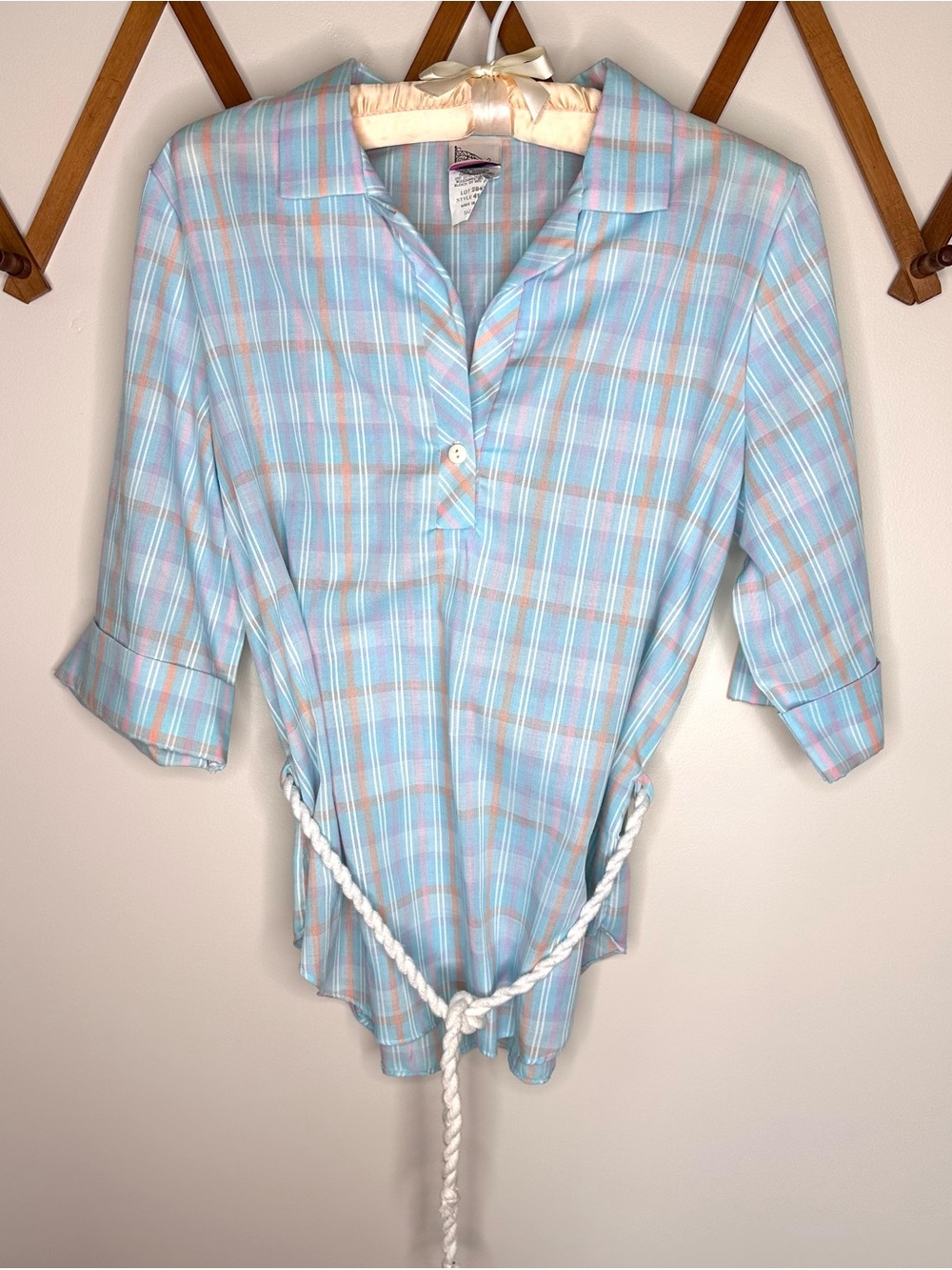 Vintage blue plaid 14th Place California blouse with rope belt 14